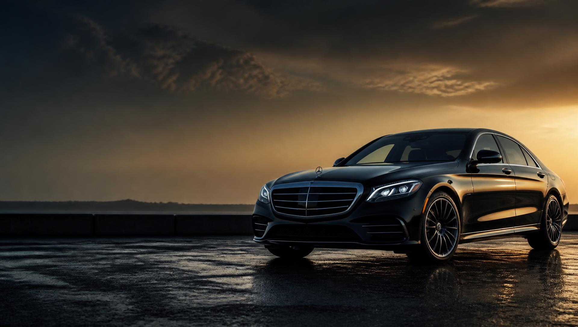 Modern black luxury sedan on a wet road at dusk with golden light